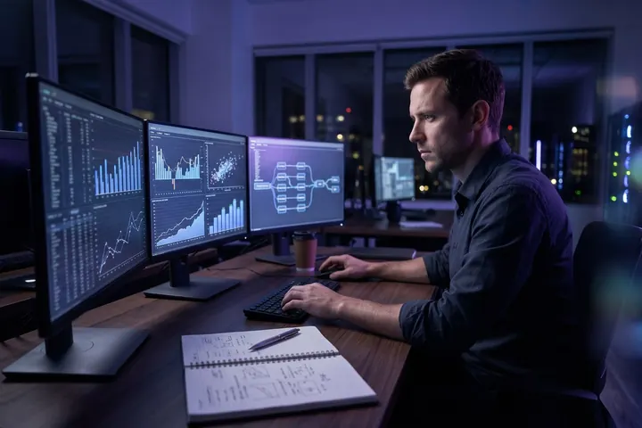Analyst at several monitors showing employment charts