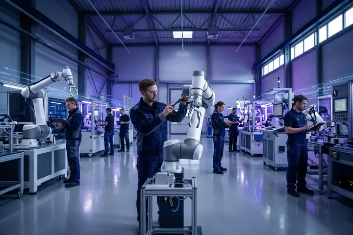 European factory with collaborative robot arms and engineers