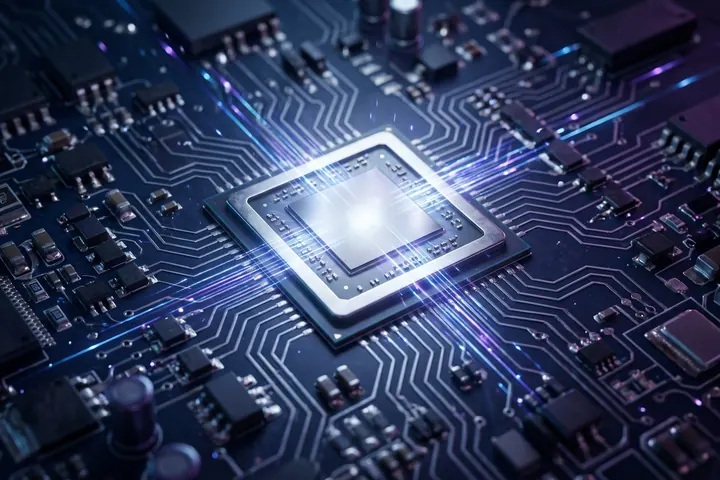 Glowing artificial intelligence microchip on a circuit board
