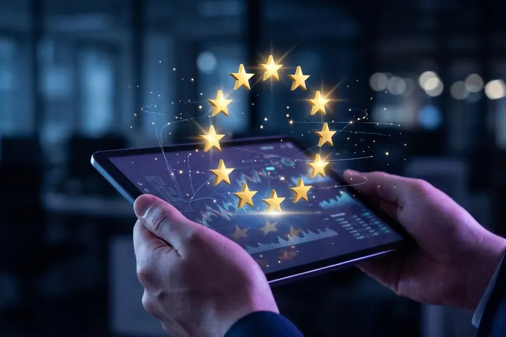 Hands holding a tablet with a hologram of twelve golden stars