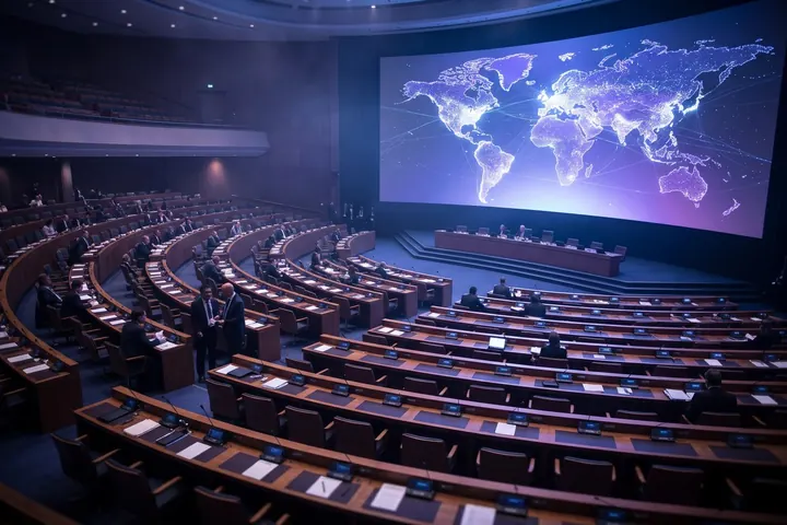 International assembly hall with a curved screen showing a world map