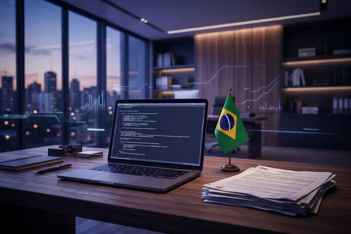 Legislative desk with a laptop, printed bills and a Brazilian flag