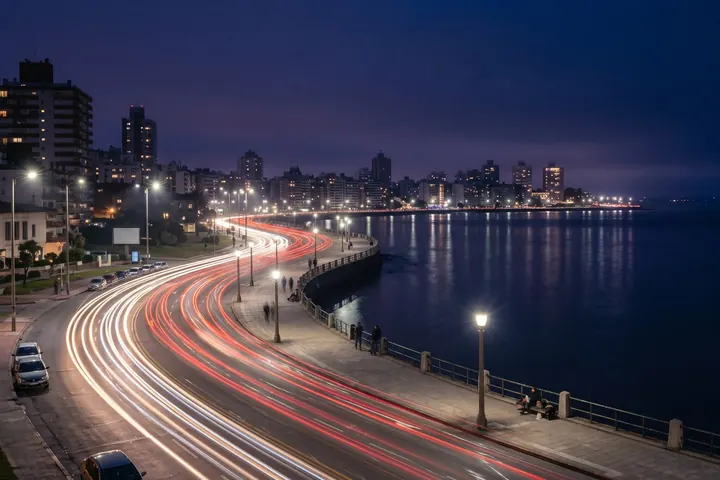 Montevideo waterfront at night, with traffic light trails along the river