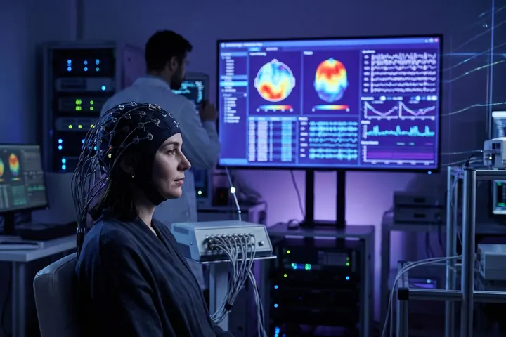 Neurotechnology lab with a patient wearing an EEG cap