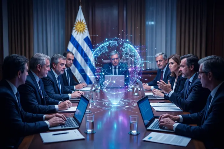Officials meeting around a table with a holographic AI interface and the Uruguayan flag