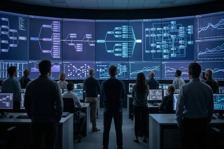 People facing a wall of screens with scenario diagrams