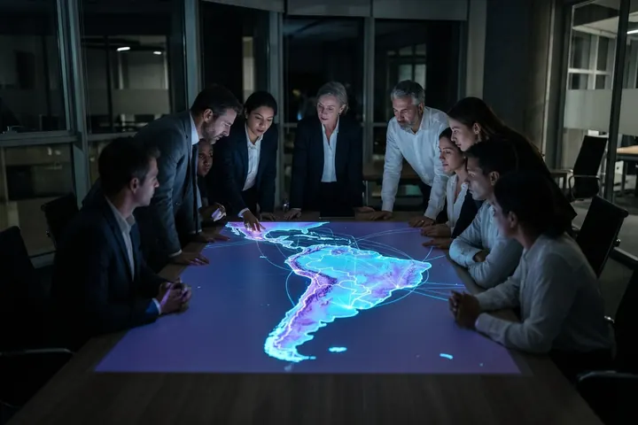 People leaning over a glowing map of Latin America