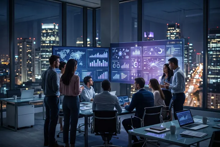 Professionals in front of screens with charts on jobs and skills