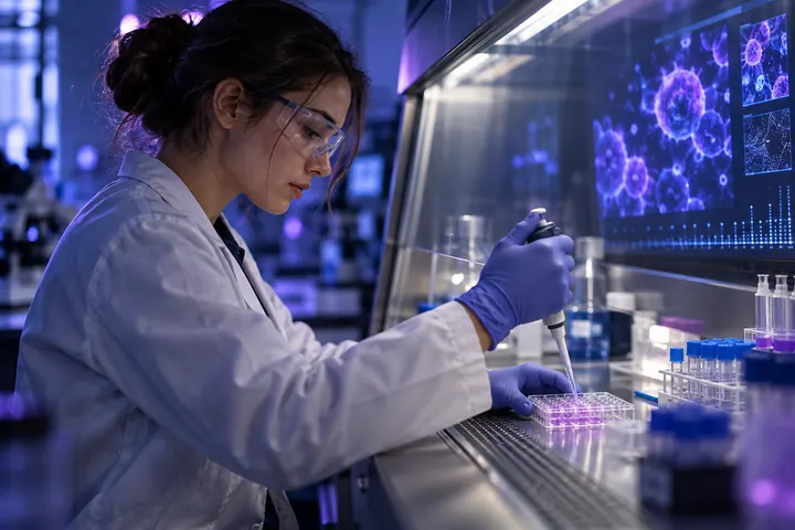 Researcher with a pipette in front of a screen showing cells under a microscope