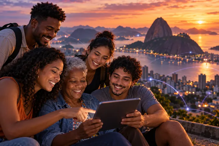 Rio de Janeiro neighbors gathered around a tablet at sunset