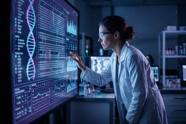 Scientist examining a DNA sequence on a large screen