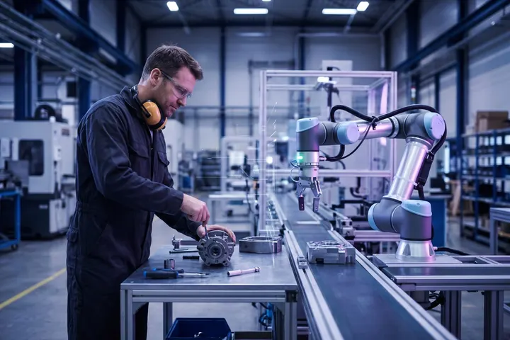 Worker and collaborative robot arm on an assembly line