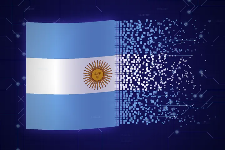 Argentine flag dissolving into pixels and circuits on a digital background