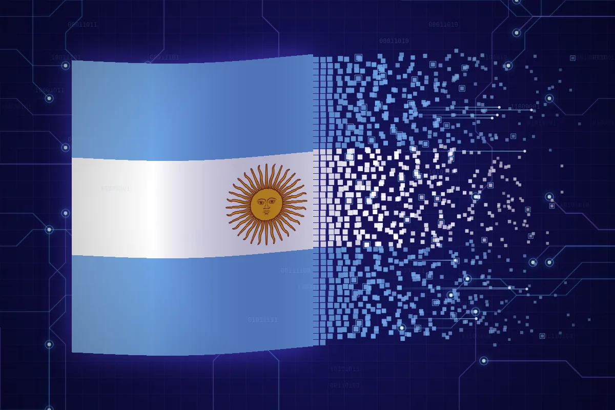 Argentine flag dissolving into pixels and circuits on a digital background
