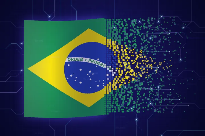 Brazilian flag dissolving into pixels and circuits on a digital background