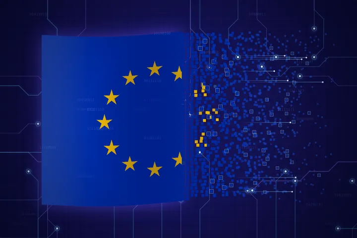 European Union flag dissolving into pixels and circuits on a digital background