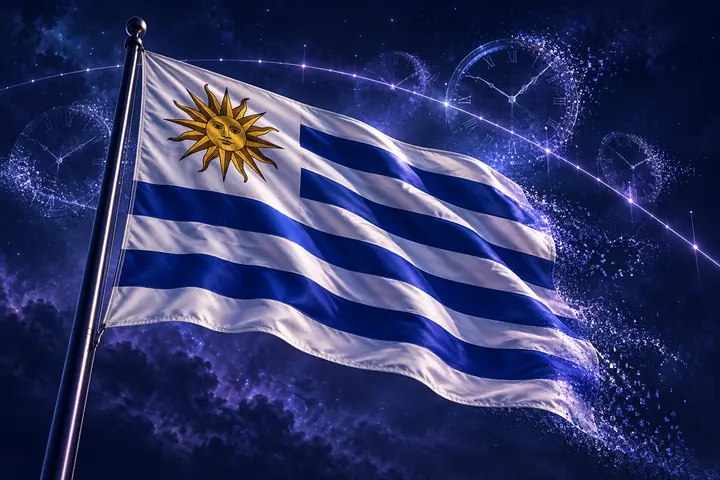 Uruguayan flag turning into data and opening into a fan of future scenarios