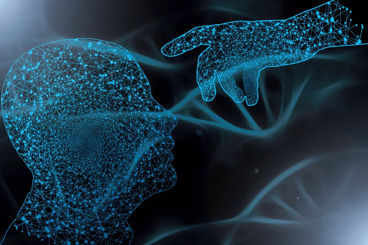 Head and hand silhouettes made of glowing dot networks over a DNA double helix