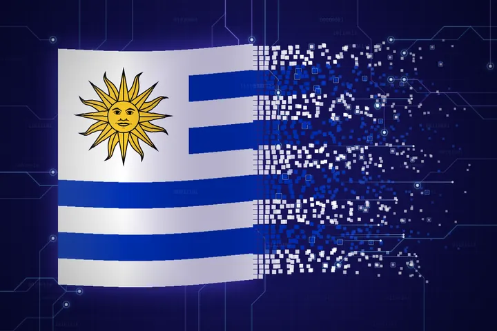 Uruguayan flag dissolving into pixels and circuits on a digital background