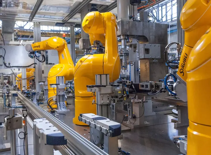 Industrial robots on a production line