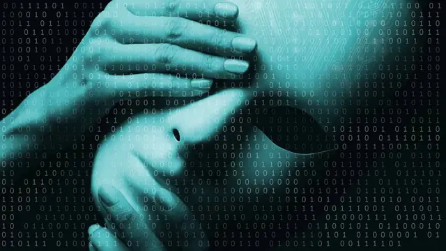 Pale plastic face partly covered by two hands, over a pattern of zeros and ones in blue-green tones