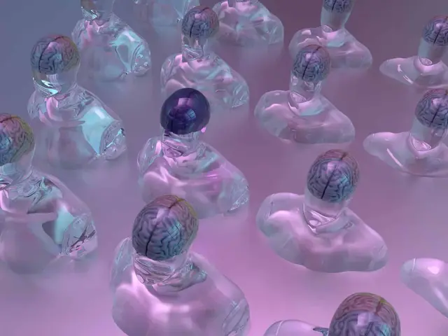 Translucent glass human figures with visible brains on a pink background; one of them has a dark brain