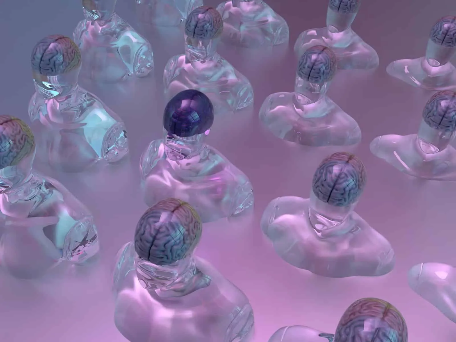 Translucent glass human figures with visible brains on a pink background; one of them has a dark brain