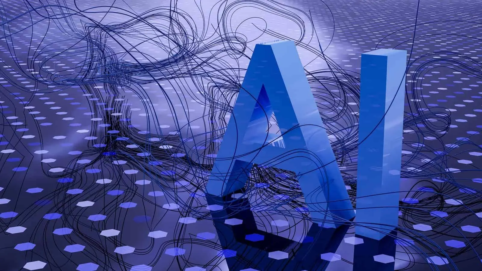 Blue three-dimensional letters spelling AI on a surface of hexagonal dots, with tangled dark lines around them
