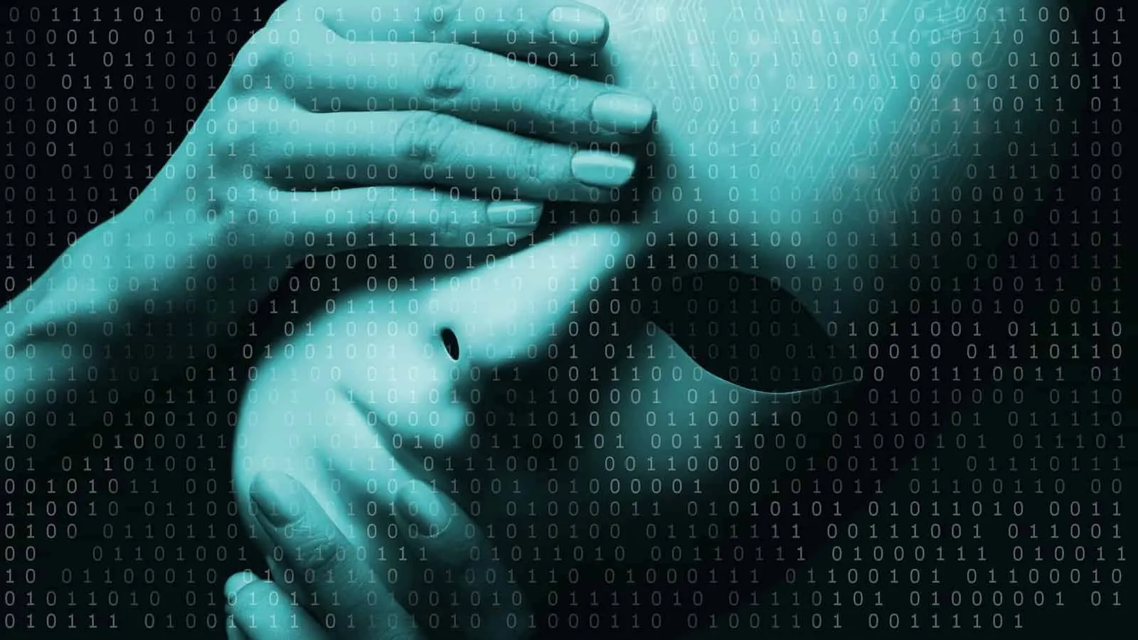 Pale plastic face partly covered by two hands, over a pattern of zeros and ones in blue-green tones