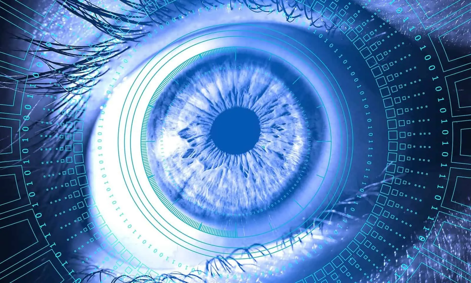 Close-up of a blue eye surrounded by concentric circles and binary digits, suggesting machine vision