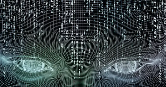 Close-up of two eyes in a face made of a line mesh, with a rain of numbers and code against a dark background