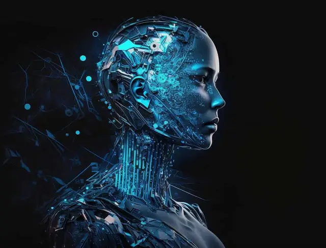 Profile of a humanoid face with glowing blue circuitry across the head and neck, set against a black background