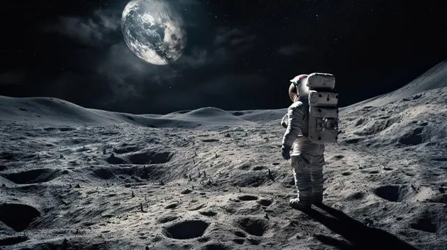 Astronaut standing on the cratered lunar surface, with Earth visible in the black sky
