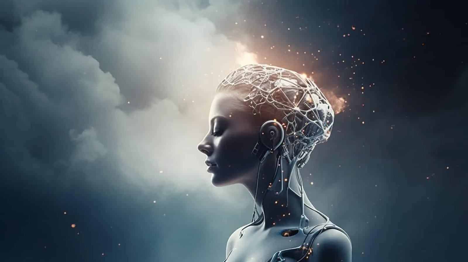 Profile of a female figure with a glowing network over her head and a mechanical neck, against a sky of dark clouds and sparks