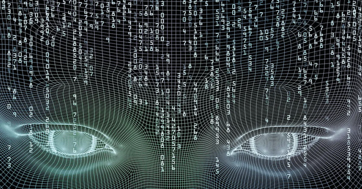 Close-up of two eyes in a face made of a line mesh, with a rain of numbers and code against a dark background