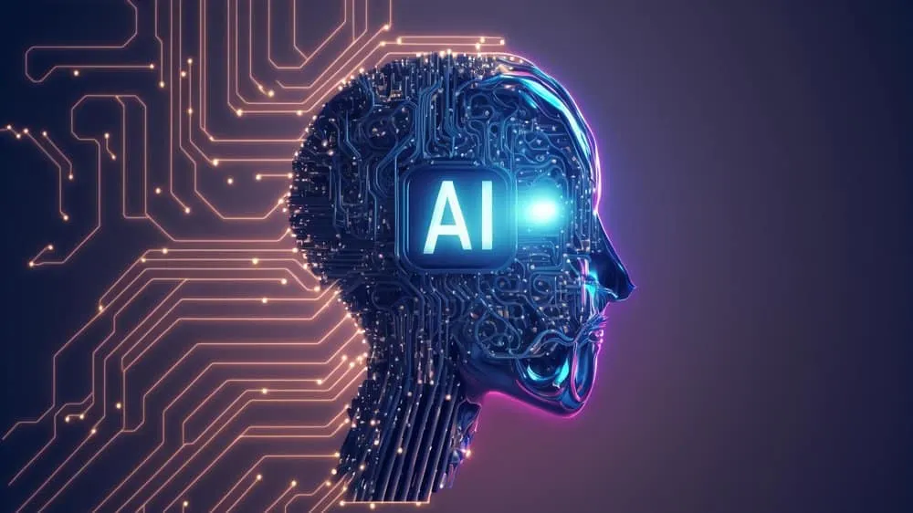 Silhouette of a head with glowing circuits and the letters AI at its center, with orange circuit traces on the left
