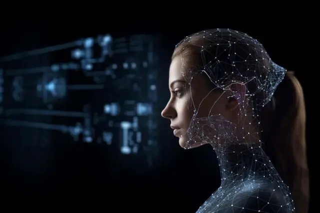 Profile of a woman covered by a mesh of glowing dots and lines, against a dark background with blurred electronic diagrams