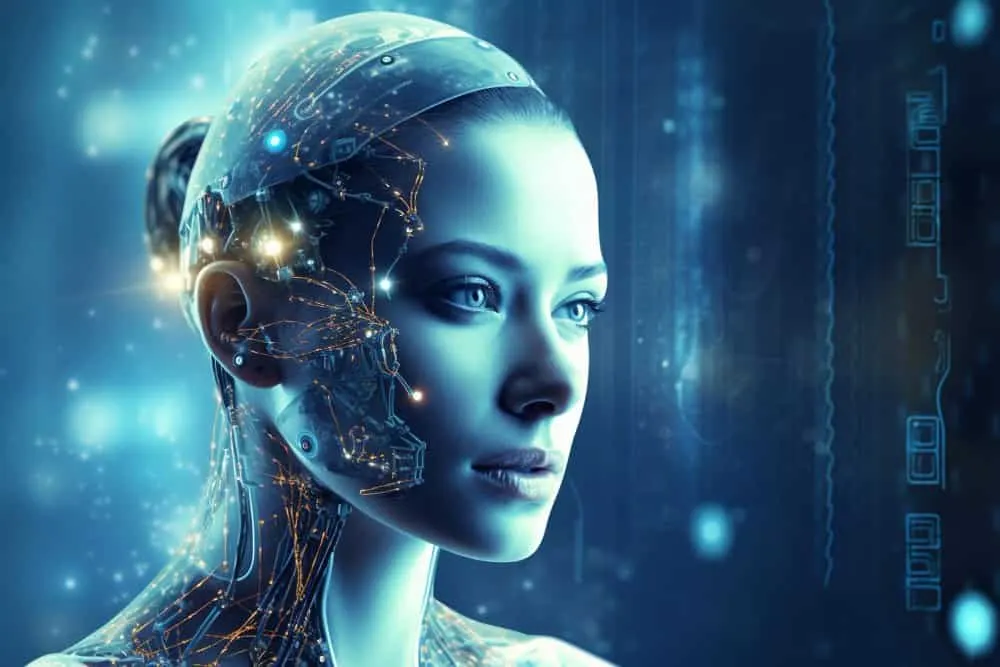 Face of a woman with half the skull and neck traced by golden circuitry, against a blue background with sparks of light