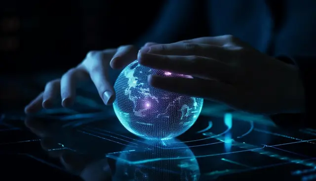 Two hands cradle a glowing holographic globe above a surface of digital lines in a dark setting
