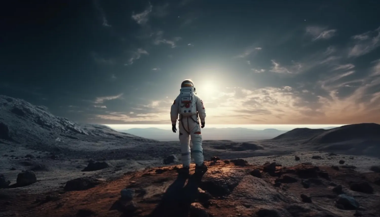 Astronaut seen from behind on a rocky Martian landscape, facing a horizon with a low sun and a cloudy sky