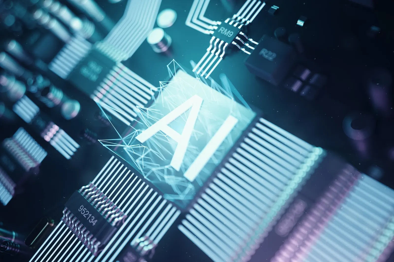 Circuit board chip with the letters AI lit up in the center and glowing traces in light blue tones