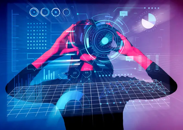 Person with hands on head behind a translucent screen of charts, dials and a glowing grid in blue and pink tones