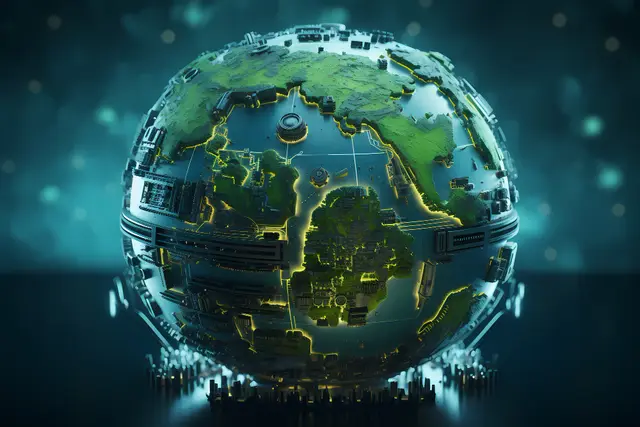 Globe with green continents and glowing edges, covered in technological parts and circuitry against a dark blue background