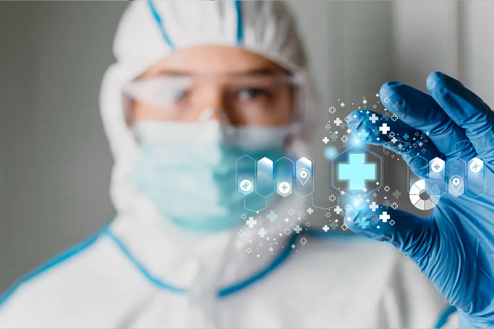 Researcher in protective suit, mask and blue gloves holds a glowing medical symbol surrounded by icons in front of the camera.