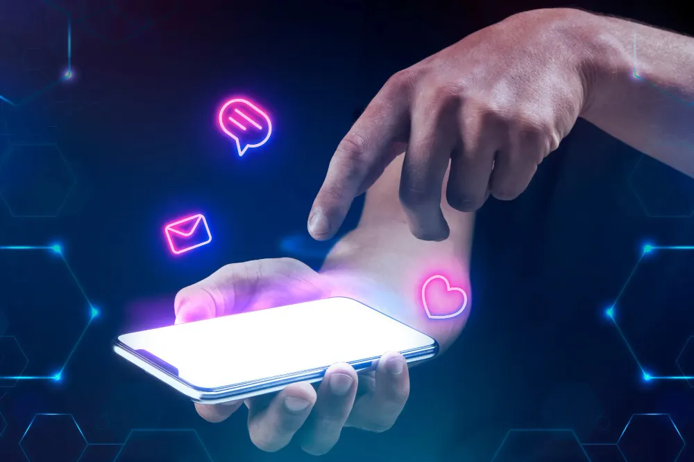Hand touching a phone screen with message, mail and heart icons in pink neon floating over a dark blue background.