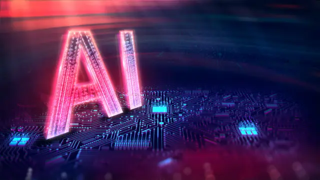 Glowing red letters AI over a dark electronic circuit with blue details, in a digital setting.