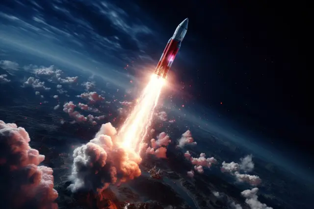 Rocket with an intense exhaust flame climbing above the clouds and the curve of the Earth, against a dark background.