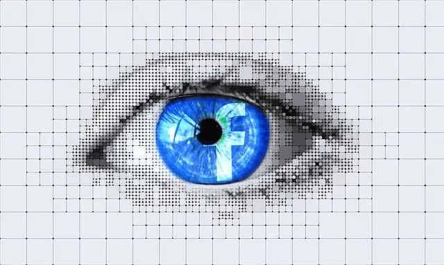 Black-and-white eye made of dots, its blue iris carrying the Facebook logo, set on a white grid.