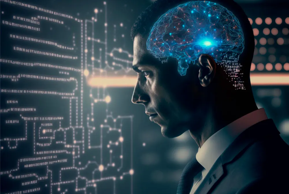 Profile of a man in a suit with a glowing brain at his temple, in front of circuit lines and code