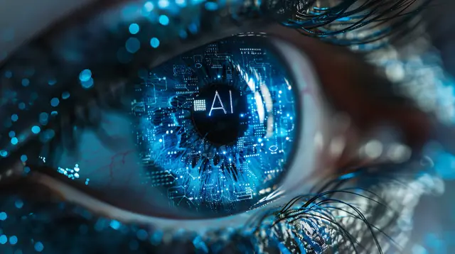 Close-up of a human eye with a blue circuit reflection and the letters AI in the pupil, suggesting AI-driven surveillance.